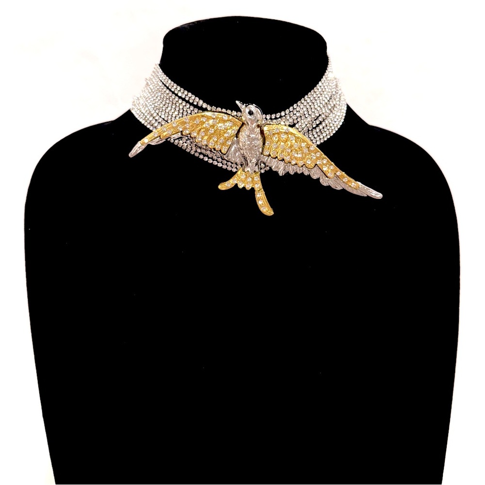 ZARA Multistrand Rhinestone Statement Choker w Two-Tone Bird | NWOT - Picture 2 of 14